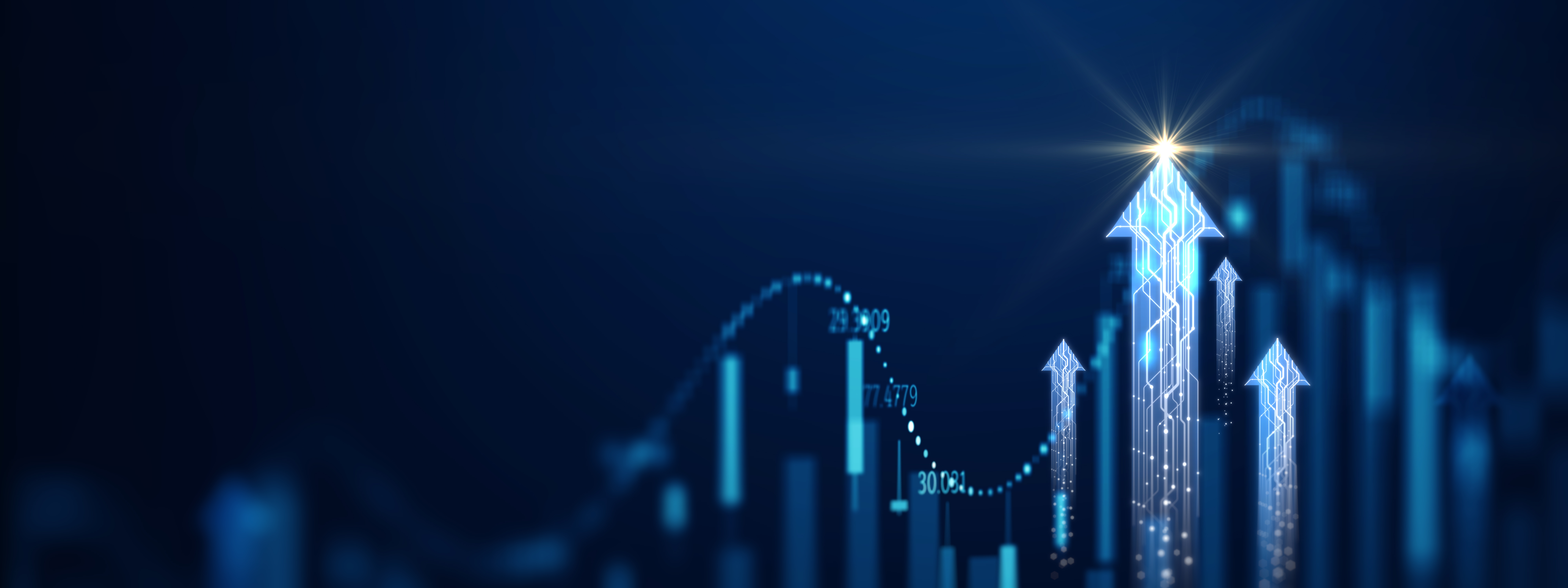 Digital growth concept with glowing upward arrows and financial graph representing business growth and transformation